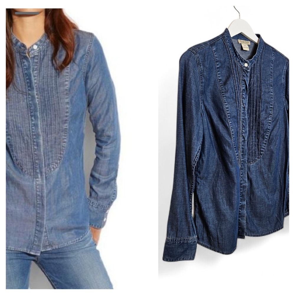 Lucky Brand Shirt M Tencel Tuxedo Pintuck Mandarin Collar Chambray Denim Blue